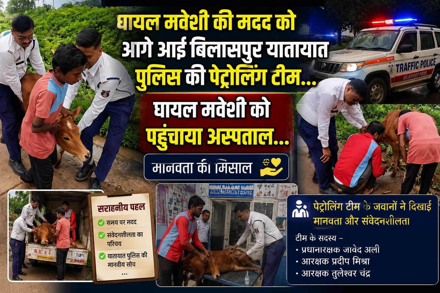 घायल मवेशी की मदद को आगे आई बिलासपुर पुलिस कि यातायात टीम  घायल मवेशी को पहुंचाया अस्पताल
