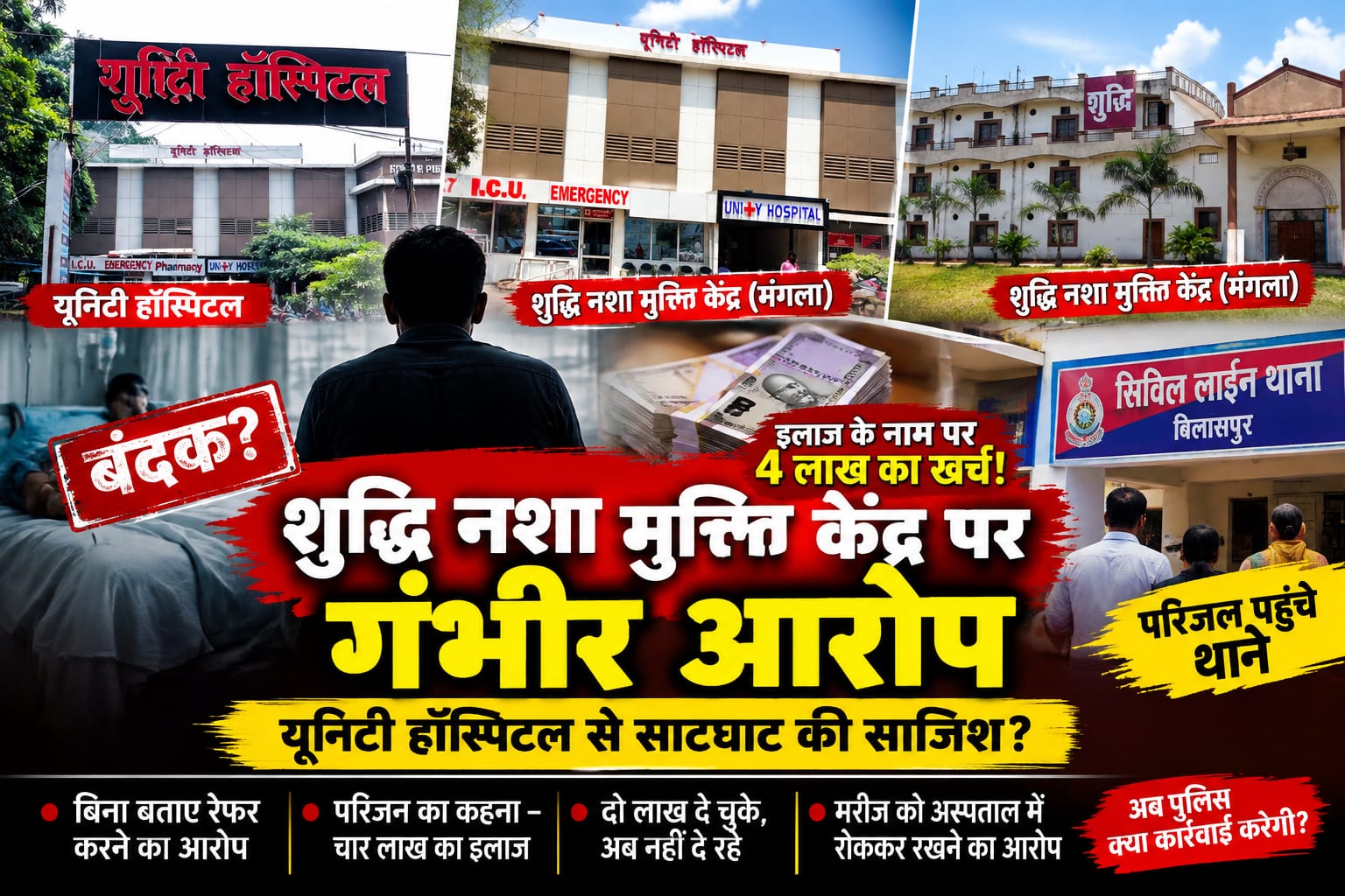 शुद्धि नशा मुक्ति केंद्र पर गंभीर आरोप, यूनिटी हॉस्पिटल में बिना बताए भर्ती कराने का दावा परिजन पहुंचे सिविल लाइन थाना, इलाज के नाम पर करीब 4 लाख रुपये खर्च होने का आरोप